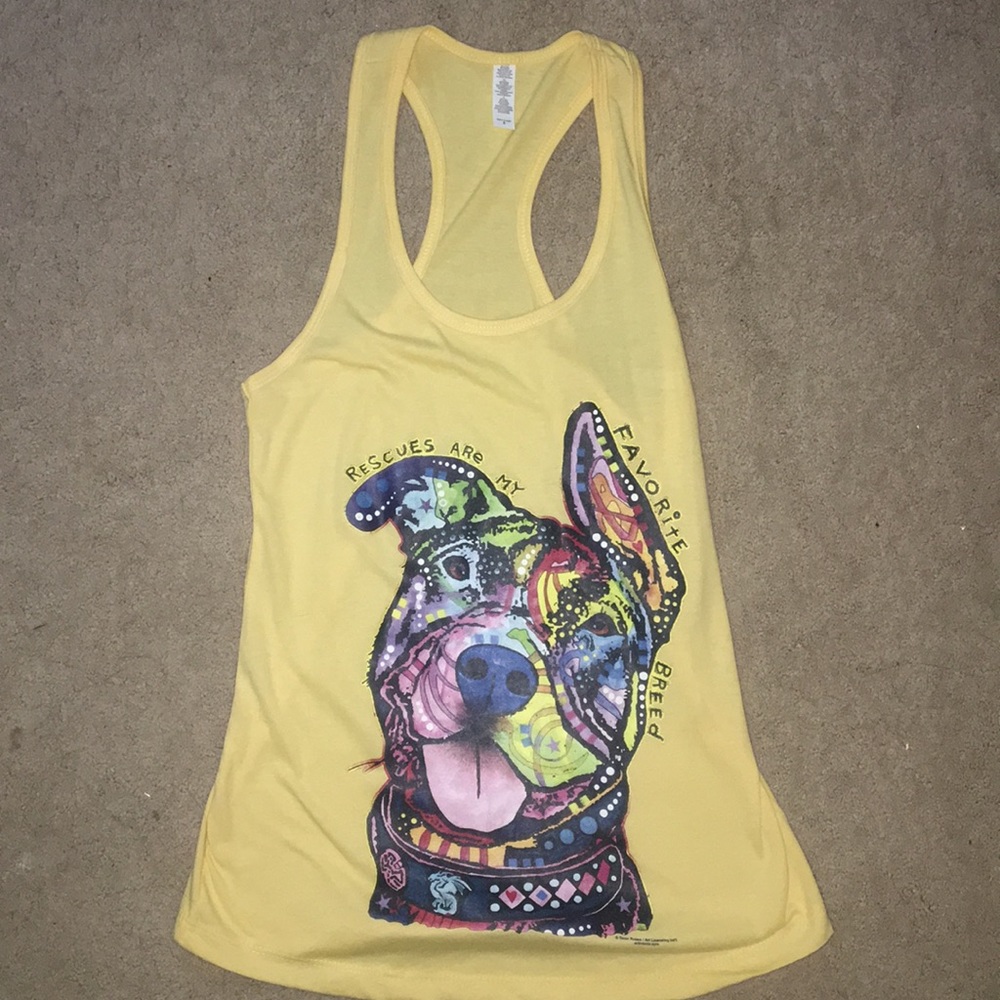 yellow tank top with a colorful dog
